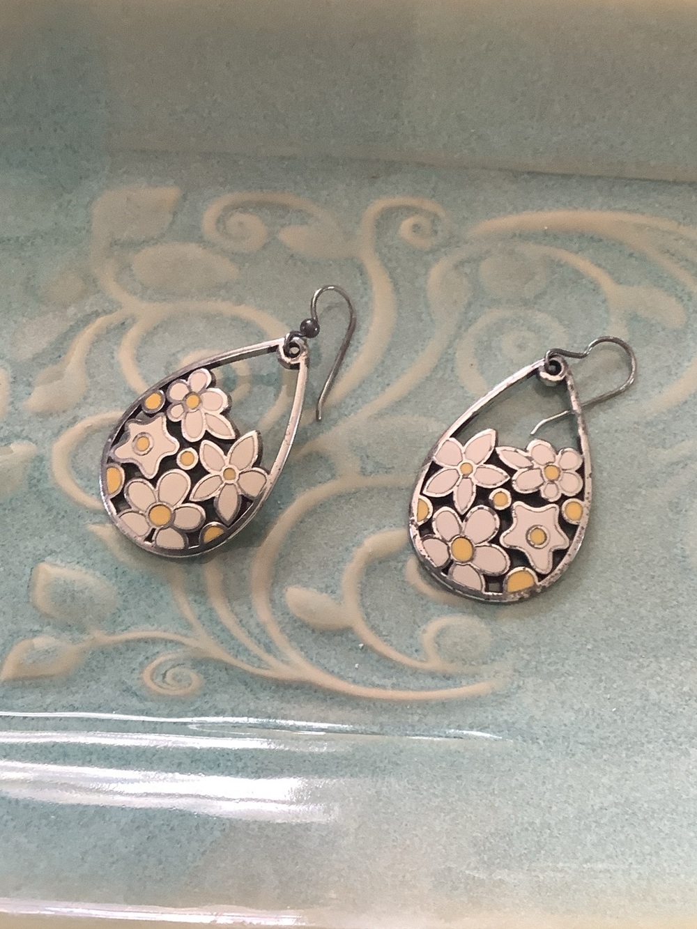 Brighton Teardrop Floral Dangle Earrings in White and Yellow